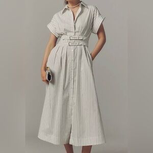 NWT Exquise The Tobie Double Buckle Pin Stripe Belted Dress